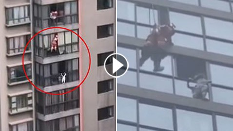 بالفيديو: مشاهد يحبس "الأنفاس" إنقاذ إعجازي لطفلة عالقة بالطابق الـ14