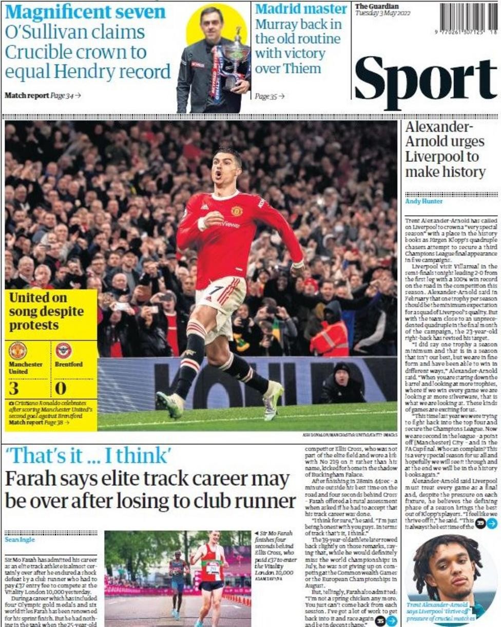 تألق رونالدو يهيمن على الصحف الإنجليزية