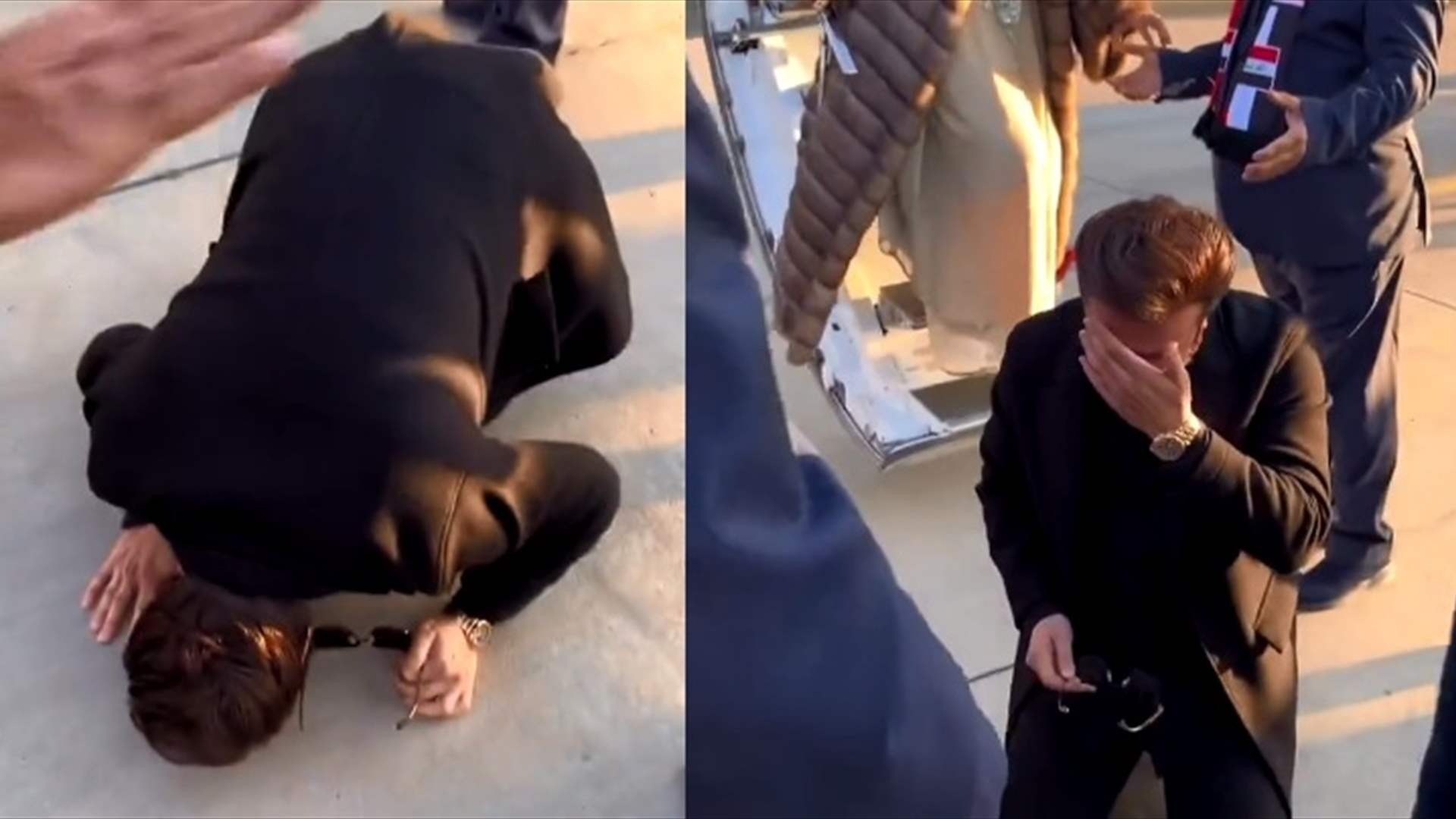 ماجد المهندس يقبّل أرض العراق فور نزوله من الطائرة