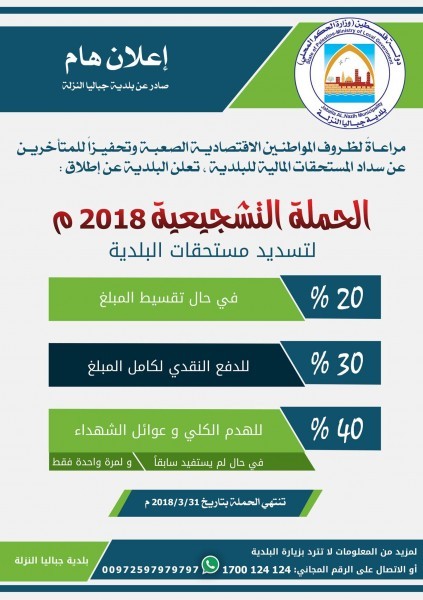 بلدية جباليا تعلن عن حملة تشجيعية لتسديد مستحقاتها