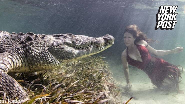 بالفيديو : عارضة أزياء في جلسة تصوير مع تمساحٍ ضخم تحت الماء!